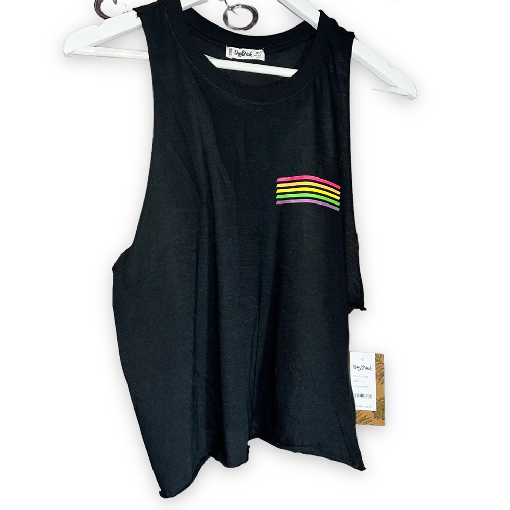 NEW Daybreak Black Rainbow Stripes LGBTQ+ Racerback Tank Top Women’s Size Medium